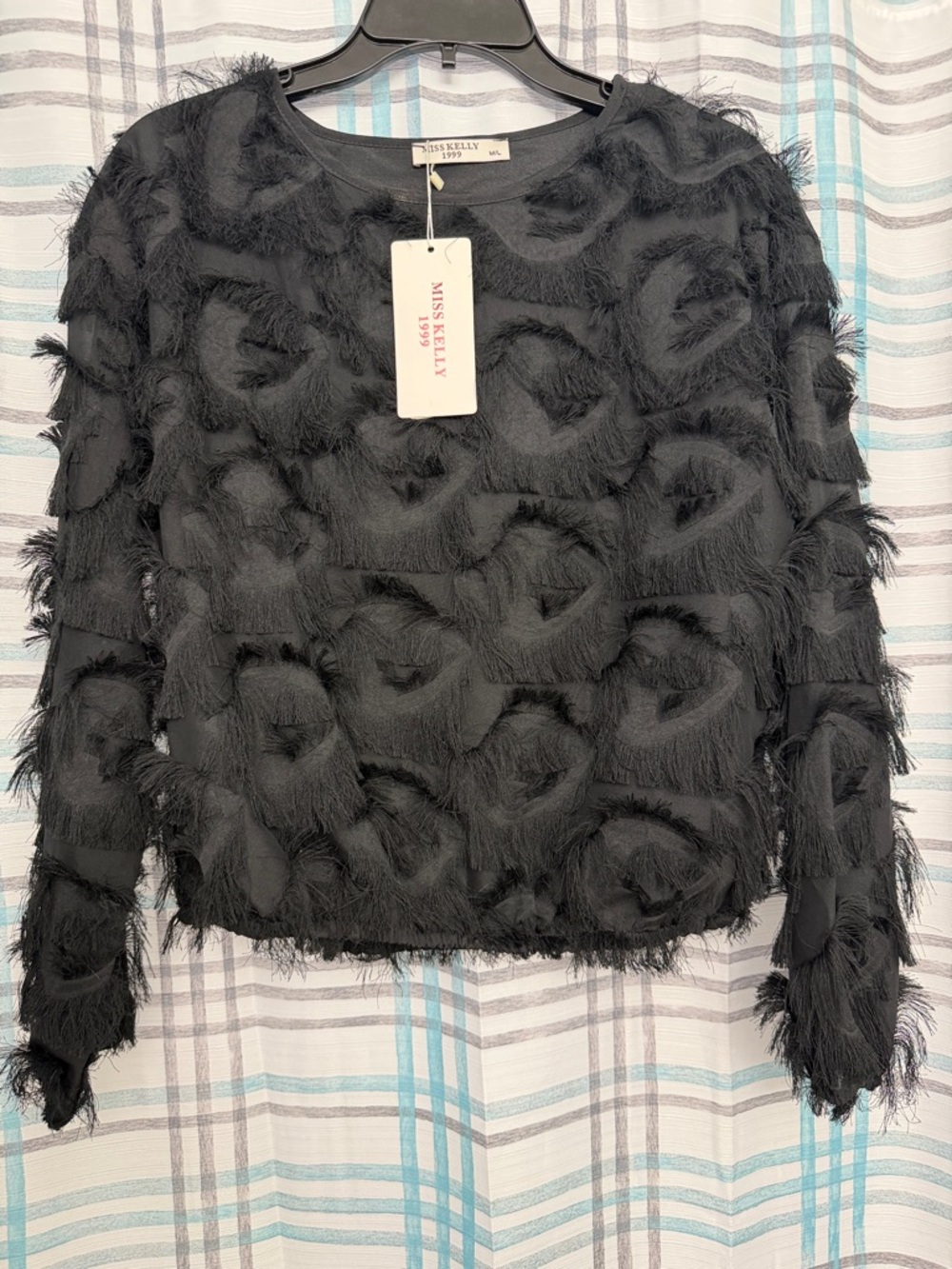 Miss Kelly Black Textured Fringe Long-Sleeve Top